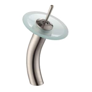 Single Hole Single-Handle Low-Arc Glass Waterfall Vessel Bathroom Faucet in Satin Nickel with Frosted Glass Disk