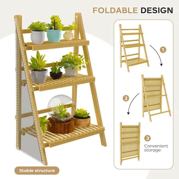 3-Tier Natural Wood Foldable Ladder Shelf Flower Pot Plant Stand