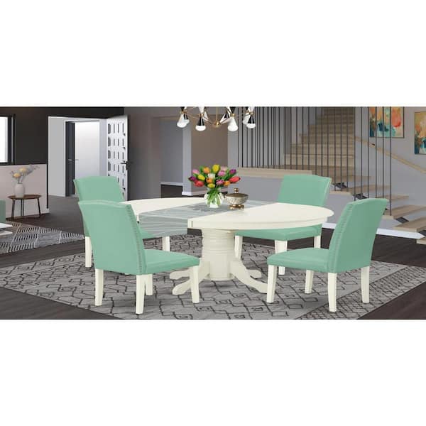 East West Furniture 5-Piece Oval Linen White Finish Solid Wood Top Dining Table with 4 Parson Chair with Butterfly Leaf Lattice Back