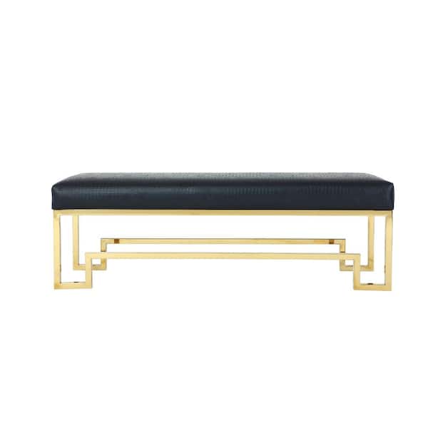 Benjara Rectangular Faux Leather Upholstered Bench in Black and Gold with Stainless Steel Base