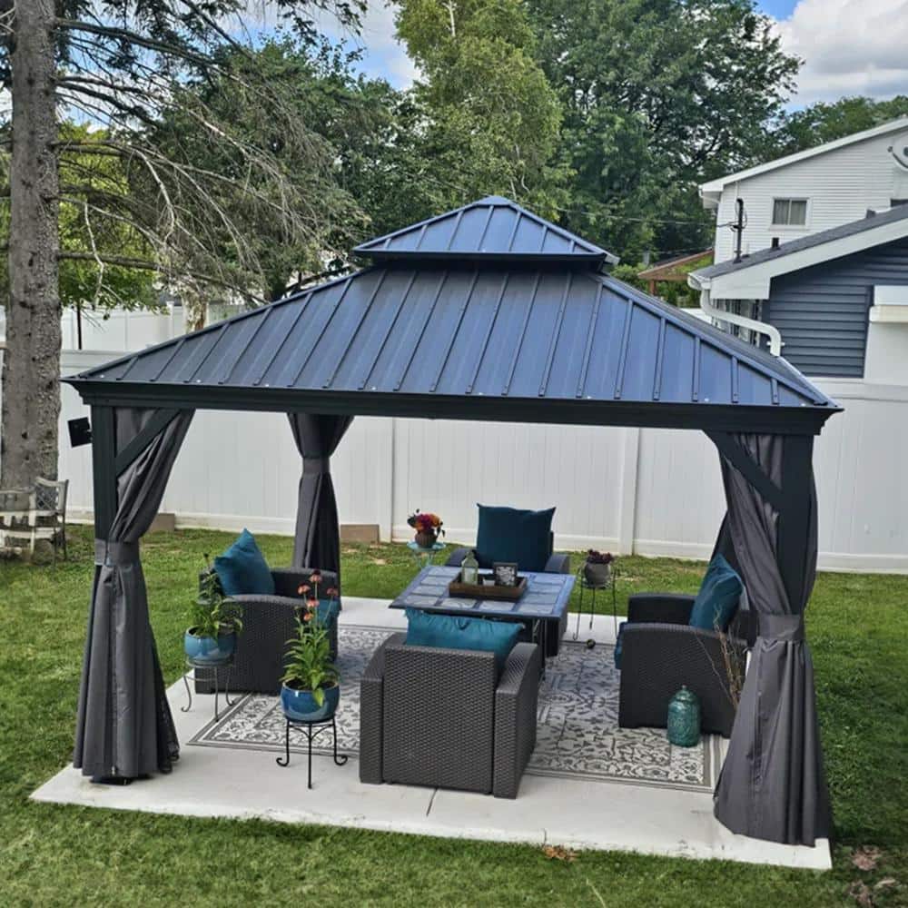 Gray 10' x 13' Aluminum Frame Hardtop Gazebo with Curtains