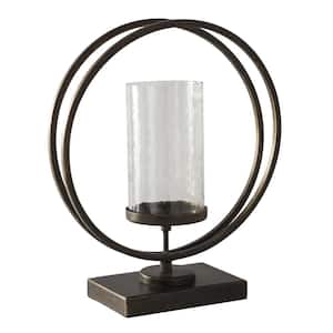 Brown and Clear Round Metal Candle Holder with Rectangular Base