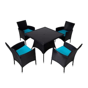 5-Pieces Black PE Wicker Patio Conversation Set with Square Glass Tabletop, 4 Chairs and Lakeblue Cushions