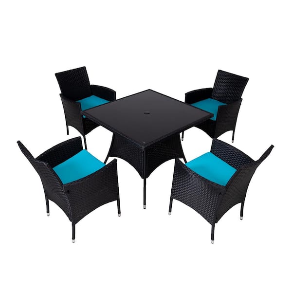 Unbranded 5-Pieces Black PE Wicker Patio Conversation Set with Square Glass Tabletop, 4 Chairs and Lakeblue Cushions