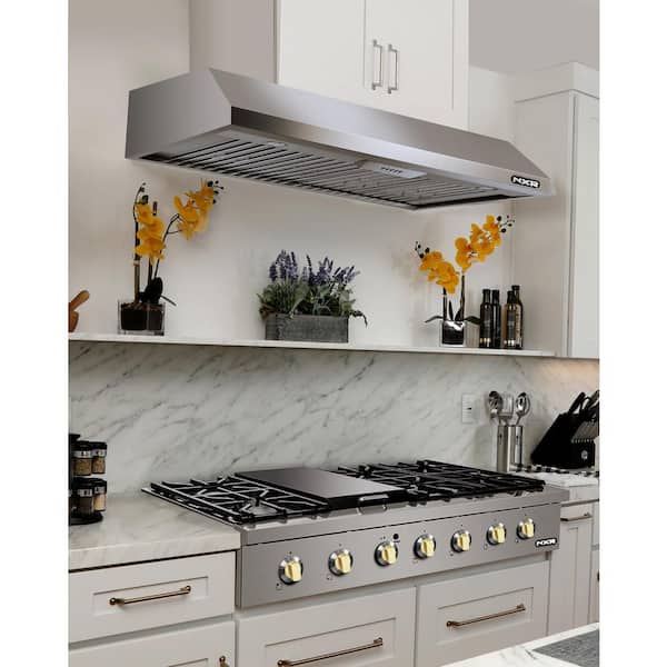 Entree Bundle 48 in. Pro-Style Gas Cooktop in Stainless Steel and Gold with 6 Burners, Griddle Burner and Range Hood