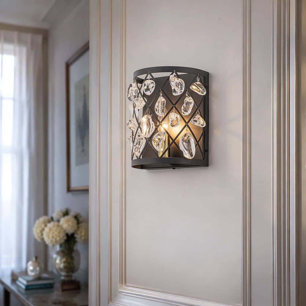 8.86 in. H 1-Light Industrial Matte Black Diamond Wall Sconce with Clear Irregular Rock Glass for Foyer Bedroom price history on PriceWatchPro