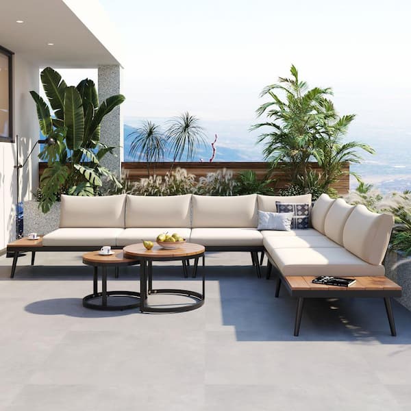 6-Piece Metal Outdoor Sectional Set with Beige Cushions