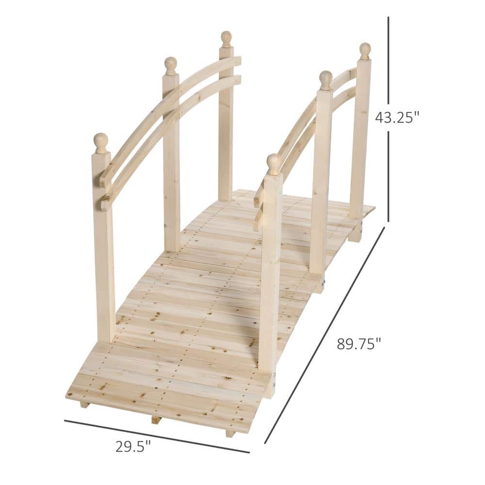 Natural Fir Wood Garden Bridge with Side Railings, 89.75"