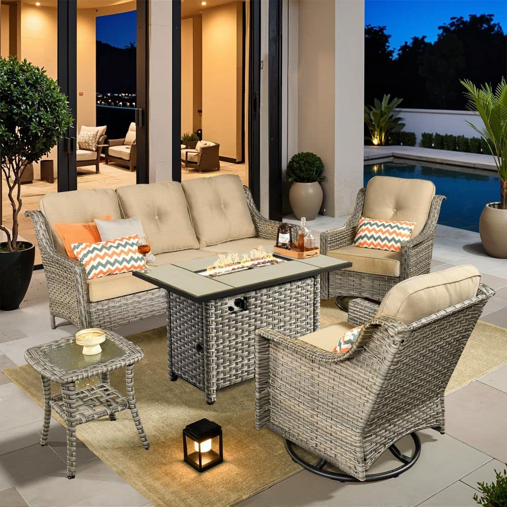Delicacy 5-Pieces Wicker Outdoor Patio 42 in. Rectangular Fire Pit Set and Swivel Rocking Chairs with Beige Cushions price history on PriceWatchPro