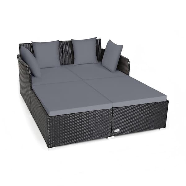 Clihome Wicker Rattan Spacious Outdoor Day Bed with Gray Upholstered Cushions and Pillows