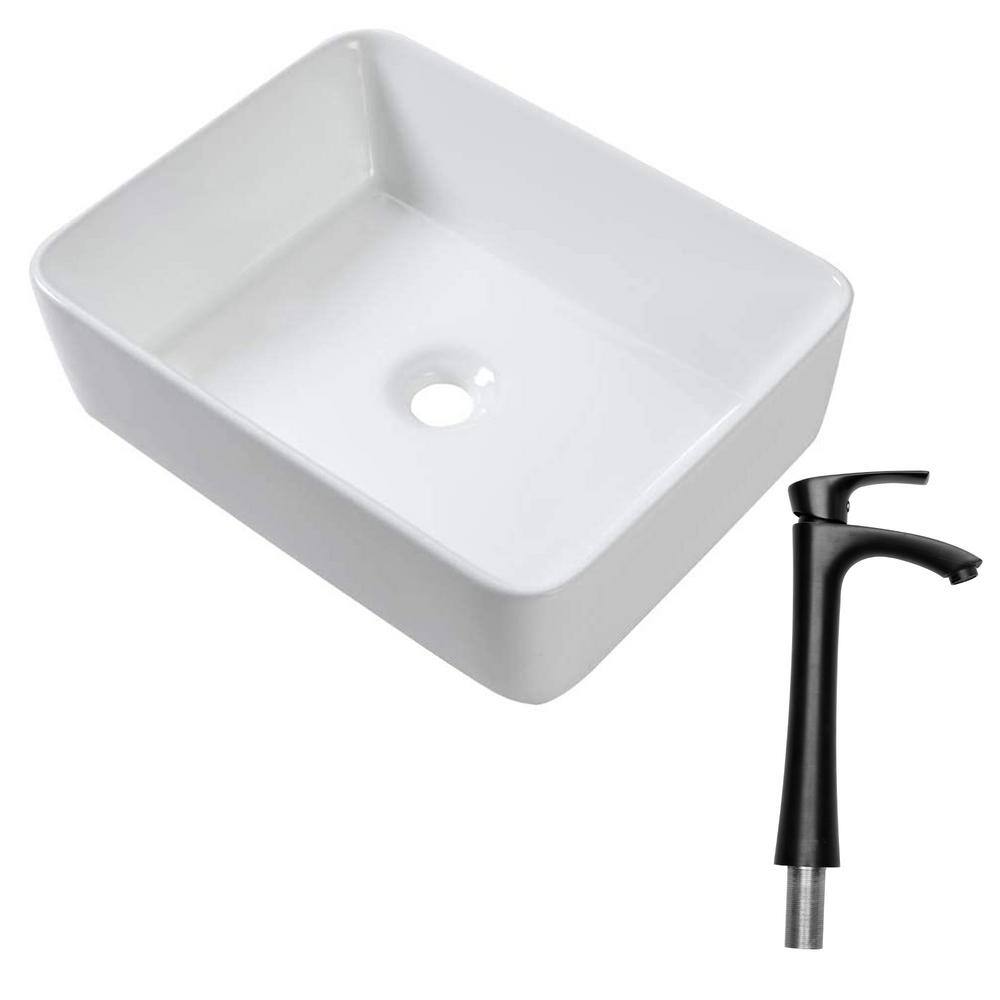 JimsMaison Ceramic Rectangle Vessel Sink with Faucet and Water Hoses