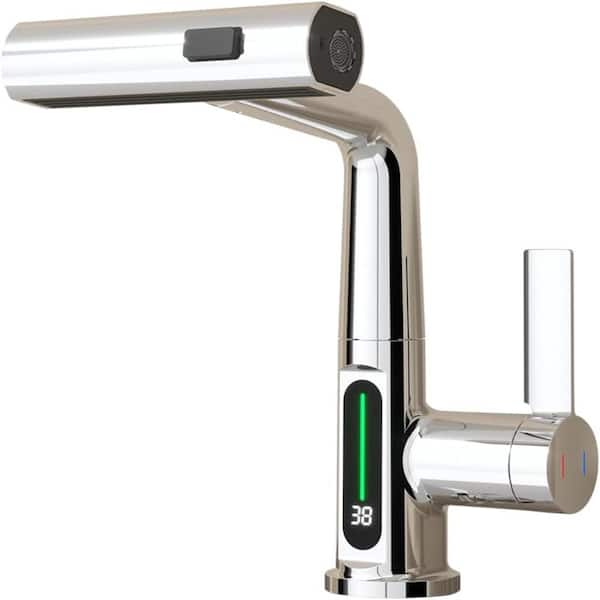 Lukvuzo Single Handle Pull Out Lift Kitchen Faucet in Chrome with LED Temperature Digital Display, 360° Rotatable