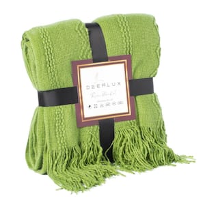 Green Decorative Zigzag Stripe Pattern Knit Throw Blanket with Fringe