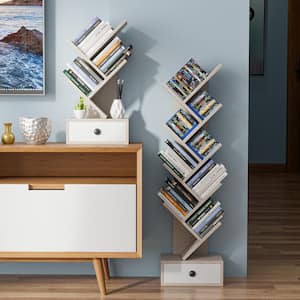 5-Tier Tree Bookshelf with Wooden Drawer Display Storage Organizer Rack Beige
