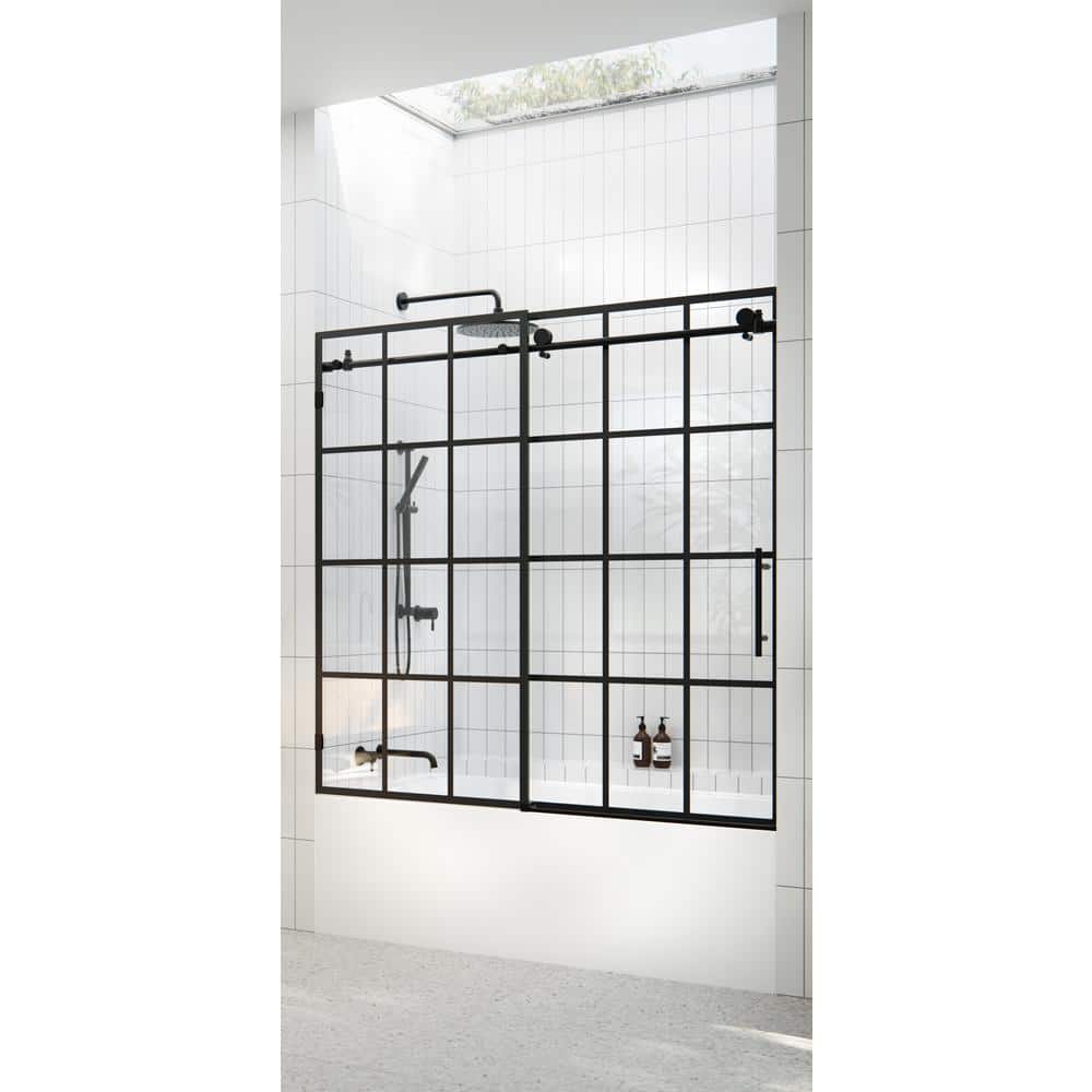 Esprit Matte Black Frameless Sliding Bathtub Door with Brass Hardware