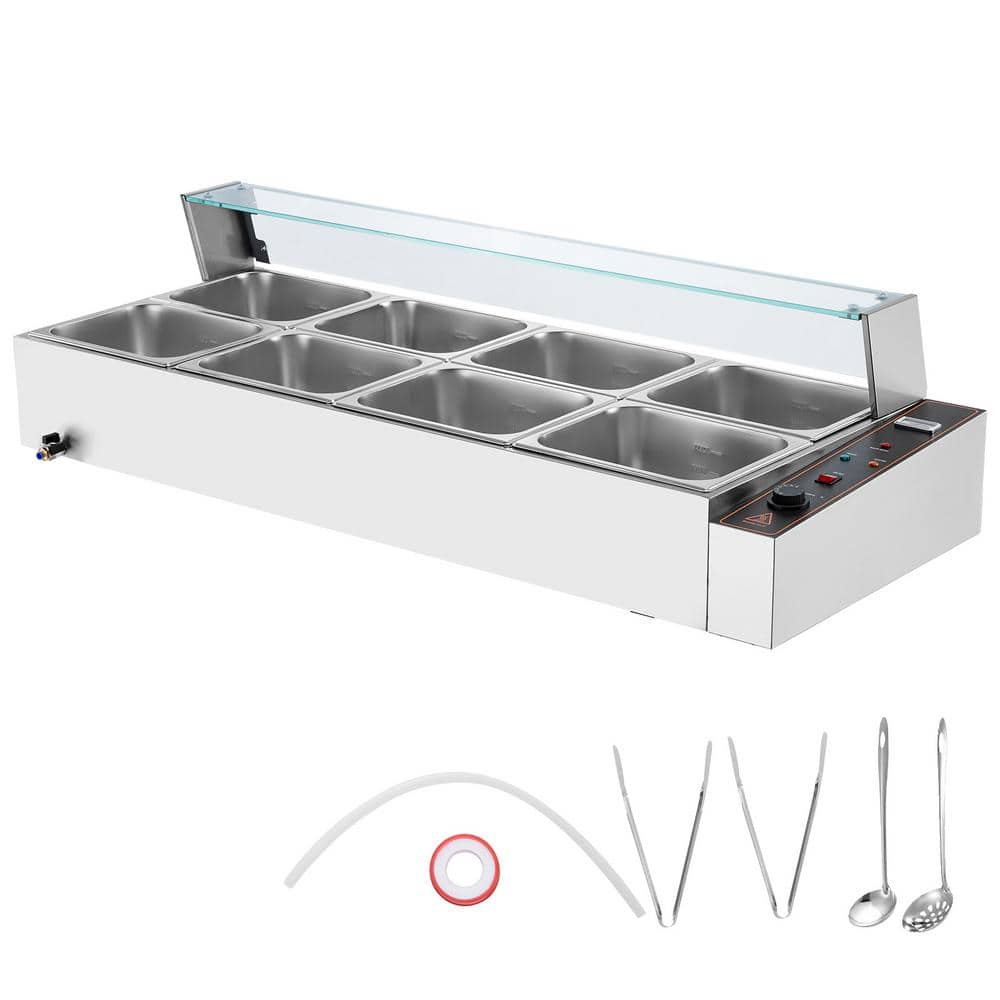 Commercial Food Warmer, 8 x 8 qt. Electric Steam Table with Glass Cover, 3200 Watt Stainless Steel, Temp Control 8-Pan