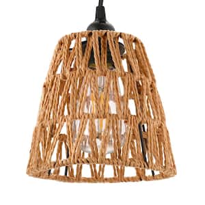 1-Light Brown Basket Island Pendant Light with Hemp Rope Shade with Plug in Cord 15 ft. and On/Off Switch for Kitchen