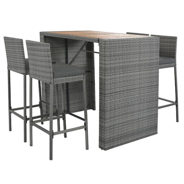 5-Piece Wood Outdoor Dining Set Bar Height Chairs Brown Wood And Gray Wicker, with Removable Cushion Wood TableTop, Gray