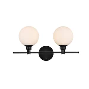 Simply Living 19 in. 2-Light Modern Black Vanity Light with Frosted White Round Shade