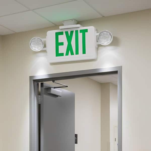 Modern LED Exit and Emergency Combo Light, 2 Adjustable Heads with Green Letters, High Output for Office and Retail