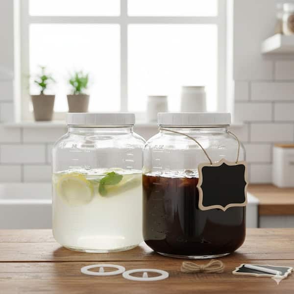 2-Piece Glass Jar Set with Wide Mouth Airtight Screw Lid Silicone Gasket Measurement Marks for Fermenting Food