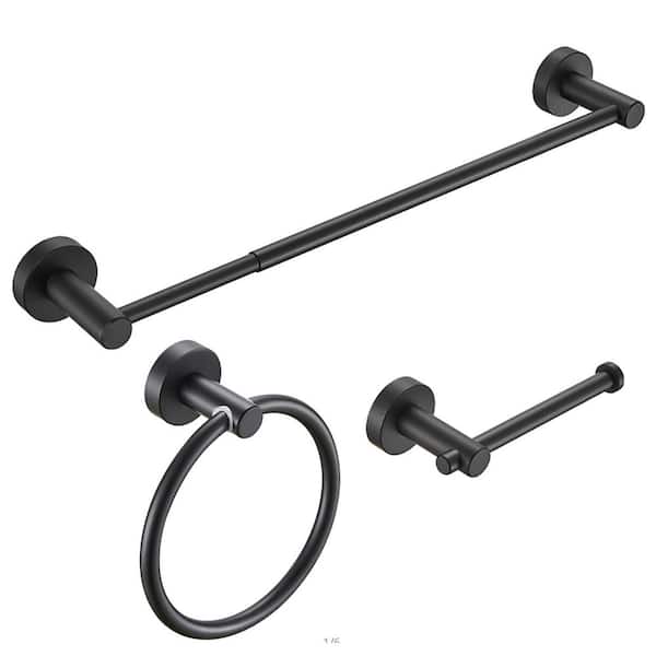 Hermitage Bath Gluon 3-Piece Bath Hardware Set with Adjustable Hand Towel Bar, Toilet Paper Holder and Towel Ring in Matte Black