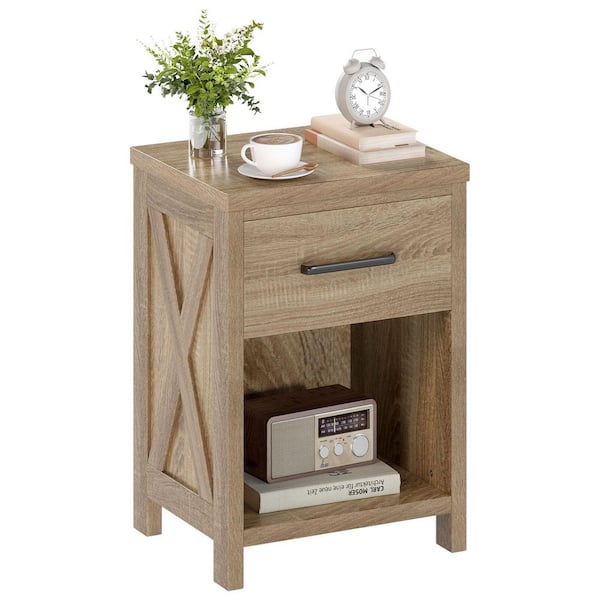 Nightstand Sofa Side Table Rustic Natural End Table w/ Drawer & Shelf for Living Room