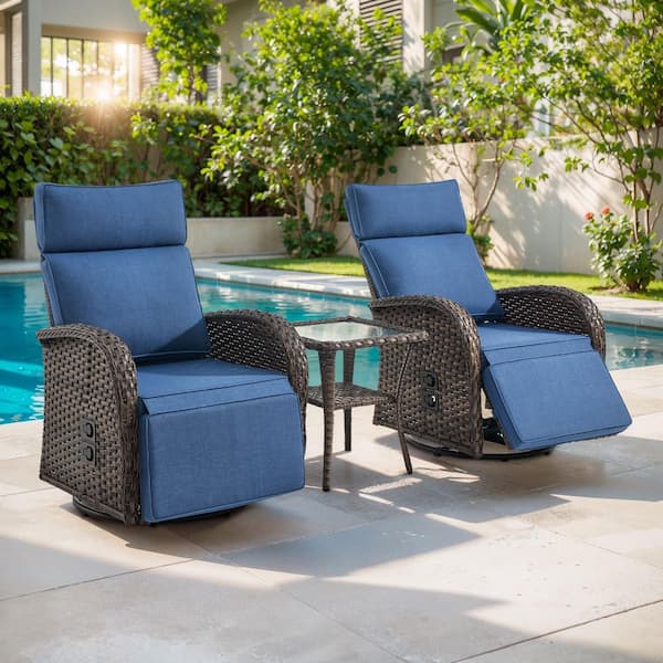 PlainCurve 3-Piece Brown Wicker Outdoor Adjustable Swivel Recliner with Navy Blue Cushions and Side Table