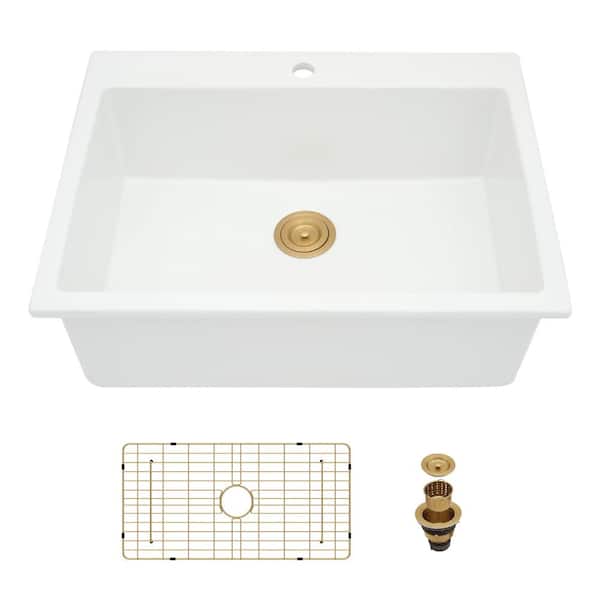 33 in. Fireclay Kitchen Sink Drop in White Sink with Gold Drain & Bottom Grid