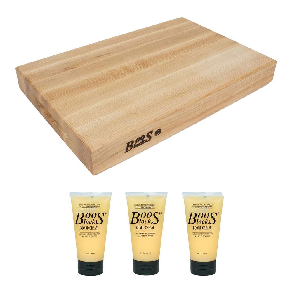 JOHN BOOS 18 in. x 12 in. Rectangular Maple Wood Edge Grain Cutting Board and Natural Care Cream