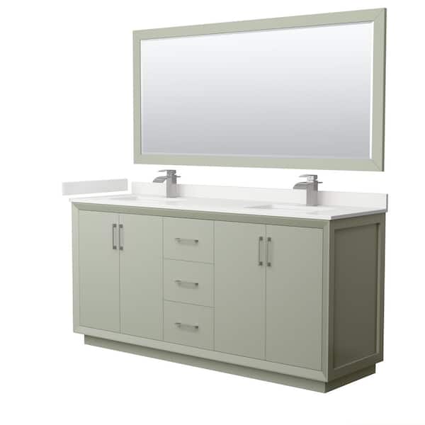 Wyndham Collection Strada 72 in. W x 22 in. D x 35 in. H Double Bath Vanity in Light Green with White Quartz Top and 70 in. Mirror