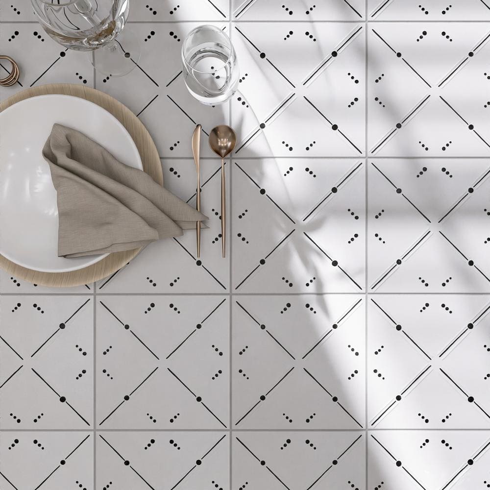 Kenzo 8" x 8" White and Black Porcelain Patterned Tile
