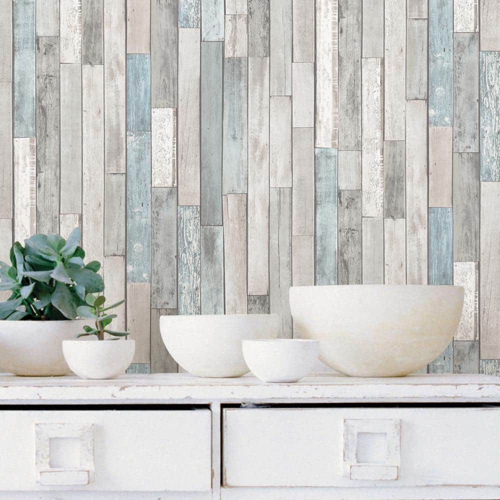 Weathered Gray and Blue Wood Peel and Stick Wallpaper Roll