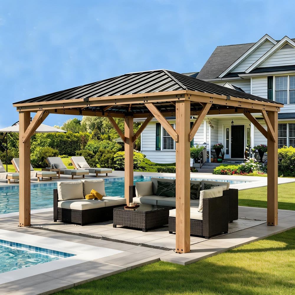 DIY 11 ft. x 13 ft. Cedar Wood Outdoor Gazebo Kit with Hardtop Metal Roof and Solar LED Lighting System price history on PriceWatchPro