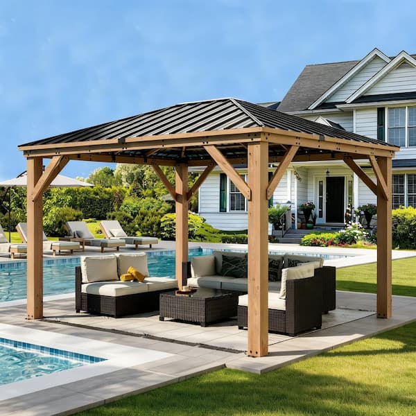 DIY 11 ft. x 13 ft. Cedar Wood Outdoor Gazebo Kit with Hardtop Metal Roof and Solar LED Lighting System