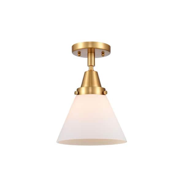 Cone 7.75 in. 1-Light Satin Gold Industrial Flush Mount with Seeded Glass Shade