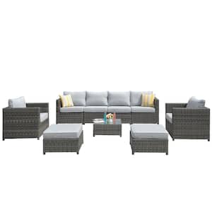 Ontario Lake Gray 9-Piece Wicker Outdoor Patio Conversation Seating Set with Grey Cushions