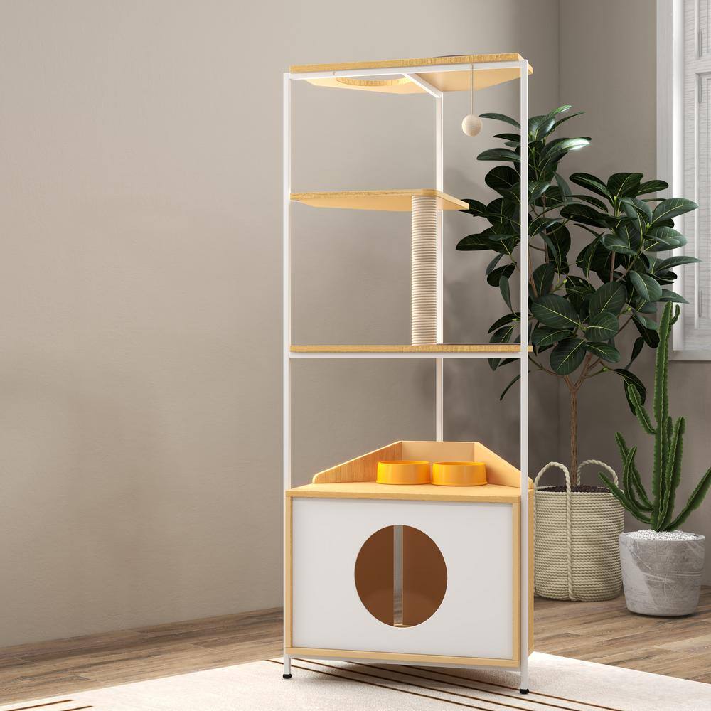 Corner Cat Tower with Scratching Post and Feeding Station