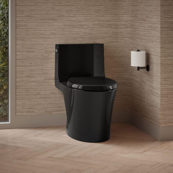 Veil 12 in. 1-Piece Dual Flush: 0.8/1.28 GPF Dual Flush Elongated Toilet in Black Black Seat Included