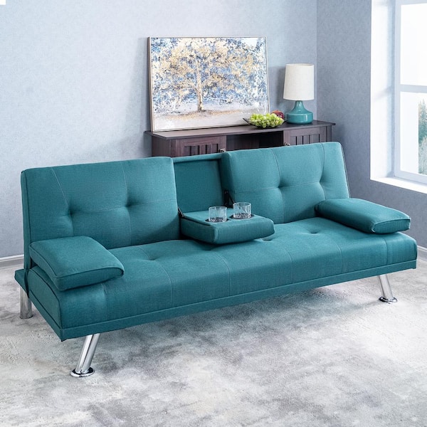 HOMESTOCK Teal, Futon Sofa Bed Linen Futon Couch with Armrest and 2-Cupholders, Sofa Bed Couch Convertible with Metal Legs