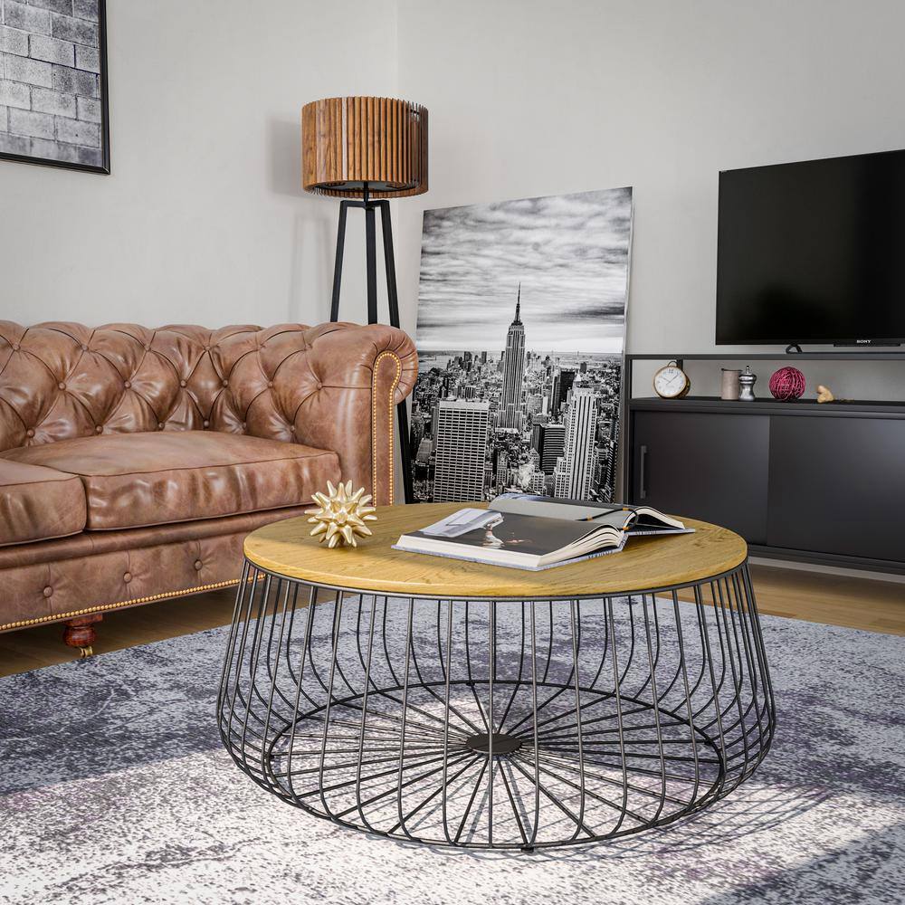 Natural Wood Round Coffee Table with Black Metal Wire Base