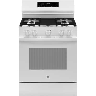 30 in. 5-Burners Smart Free-Standing Gas Convection Range in White with EasyWash Oven Tray And No-Preheat Air Fry