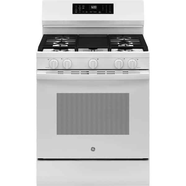 GE 30 in. 5-Burners Smart Free-Standing Gas Convection Range in White with EasyWash Oven Tray And No-Preheat Air Fry