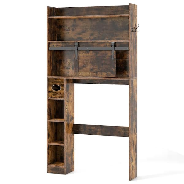 Gymax 32 in. W x 62 in. H x 7.5 in. D Rustic Brown Over The Toilet Storage with Sliding Barn Door Adjustable Shelves 2 Hooks