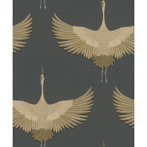Kumano Collection Black Textured Flying Storks Pearlescent Finish Non-Pasted Vinyl on Non-Woven Wallpaper Roll