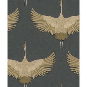 Kumano Collection Black Textured Flying Storks Pearlescent Finish Non-Pasted Vinyl on Non-Woven Wallpaper Sample