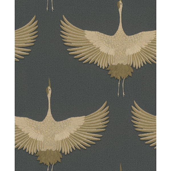 Unbranded Kumano Collection Black Textured Flying Storks Pearlescent Finish Non-Pasted Vinyl on Non-Woven Wallpaper Sample
