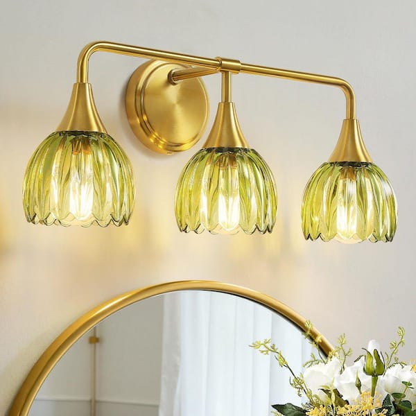 21 in. 3-Lights Modern Gold Vanity Light Fixtures Bathroom Wall Sconce With Green Tulip Glass Shade and E26 Socket Base