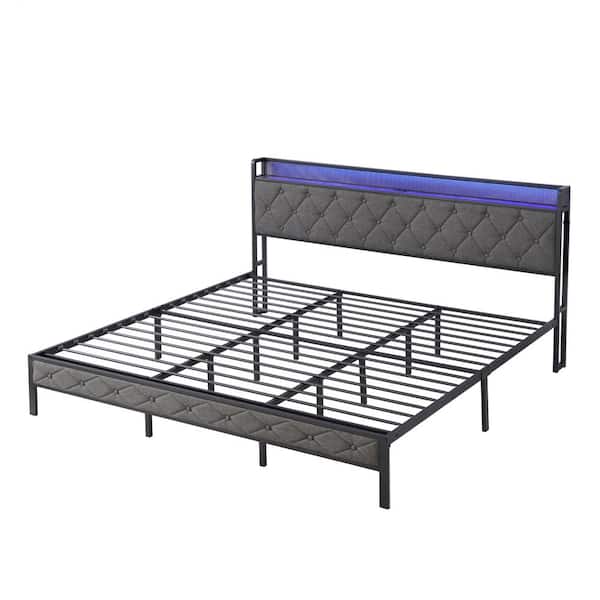 Dark Gray Metal Frame King Size Platform Bed with Storage Headboard, Charging Station and LED Lights