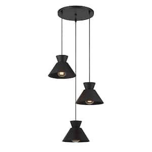 19.5 in. W x 6 in. H 3-Light Matte Black Mid-Century Modern Chandelier with Metal Shades